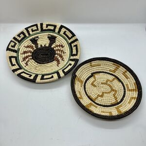 Vintage Lot Of 2 African Hand Woven Basket Dishes Crab Southwestern Tribal